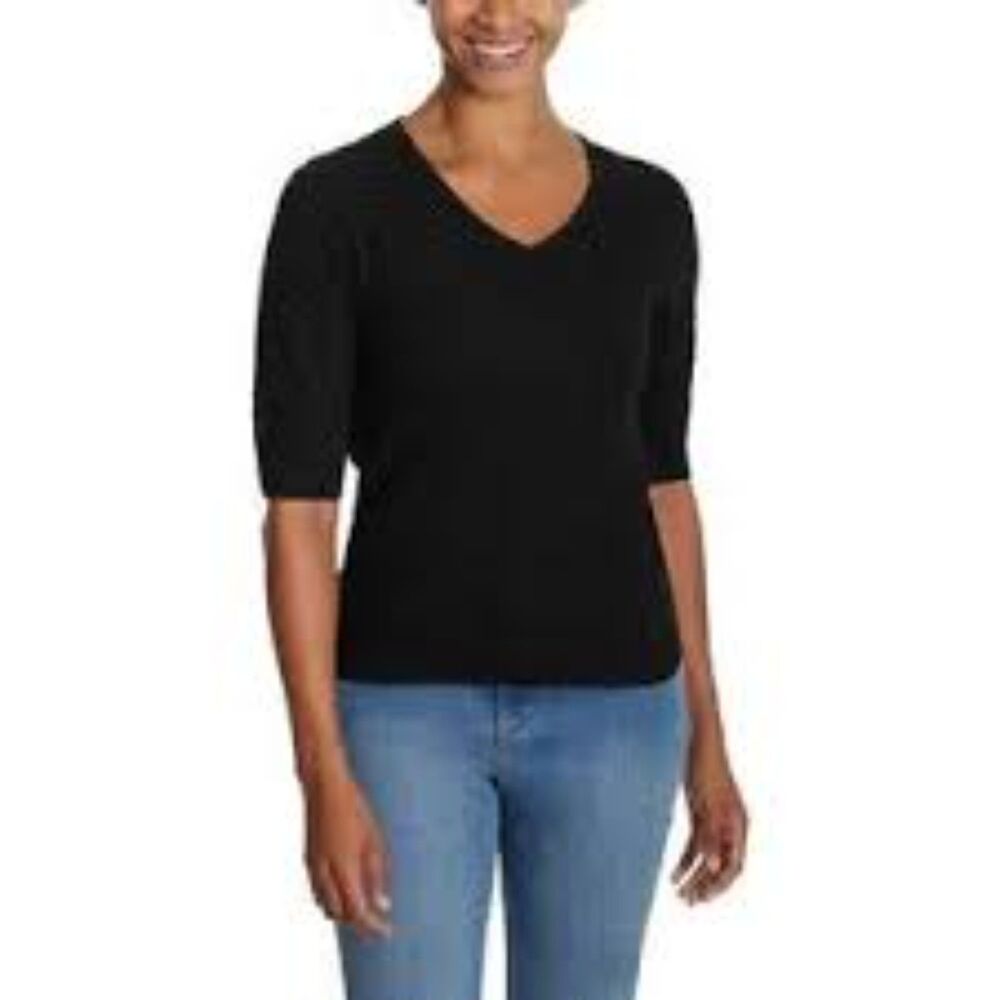 Ella Moss Women's elbow length V Neck Black Sweater Medium